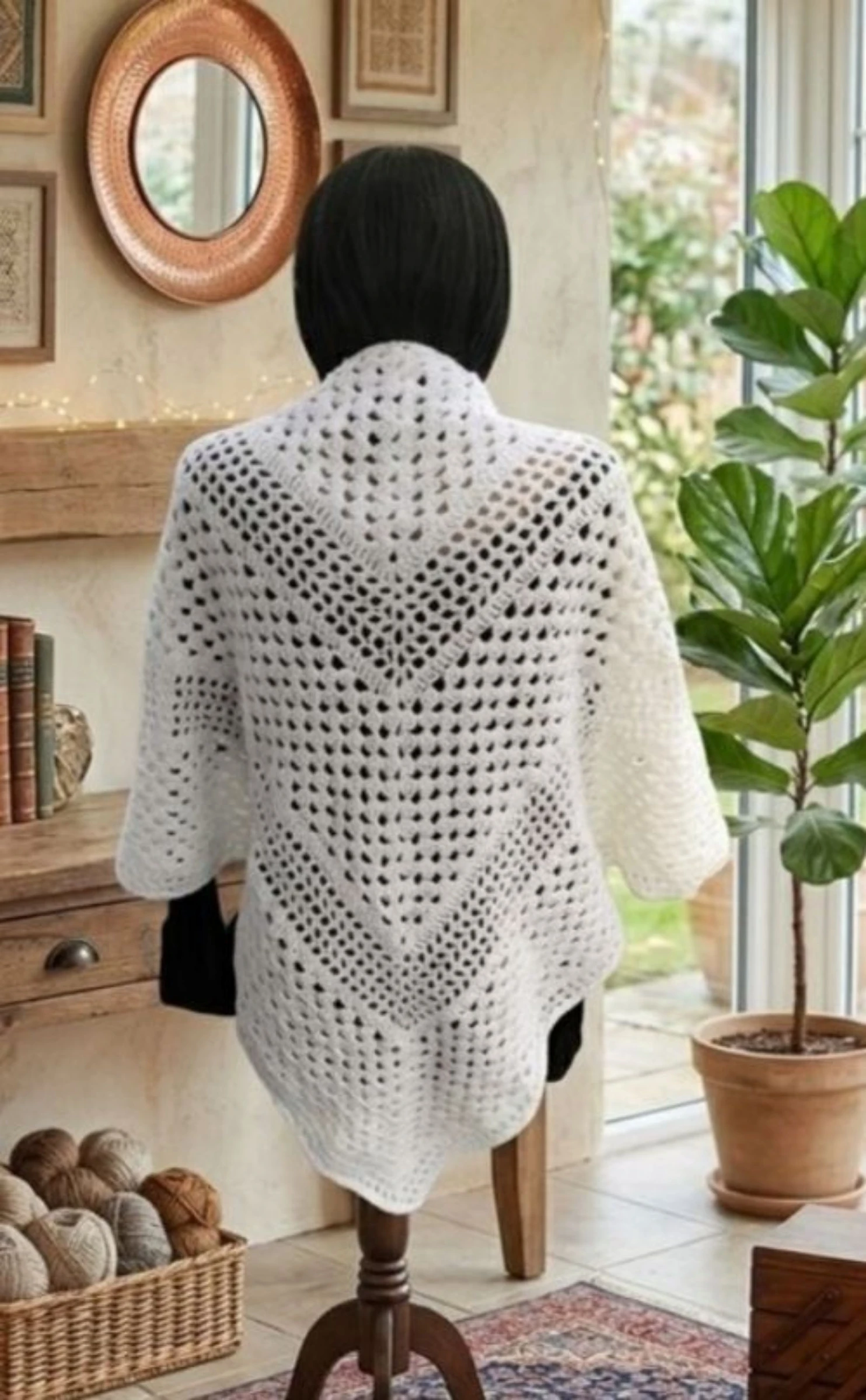 White crocheted acrylic openwork shawl – photo 8